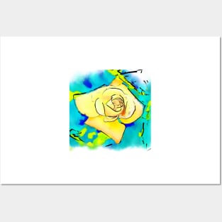 Yellow Rose Bud In Abstract Watercolor Posters and Art